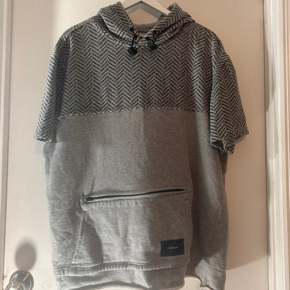 Parish Nation Short Sleeve Hoodie Gray Herringbone Hood Streetwear XL